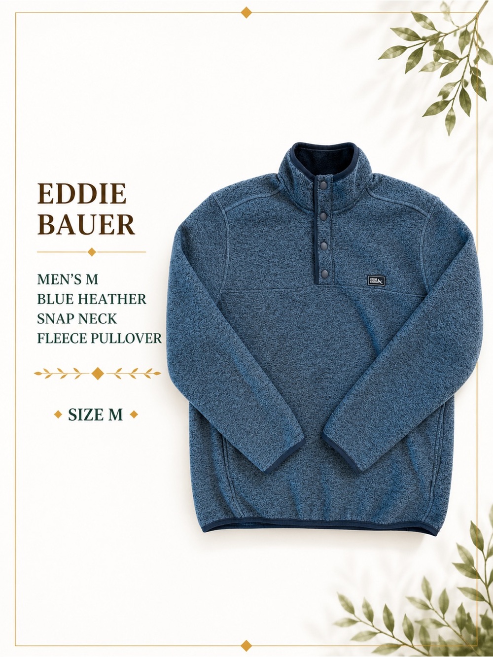 Eddie Bauer Men’s M Blue Heather Snap Neck Fleece Pullover